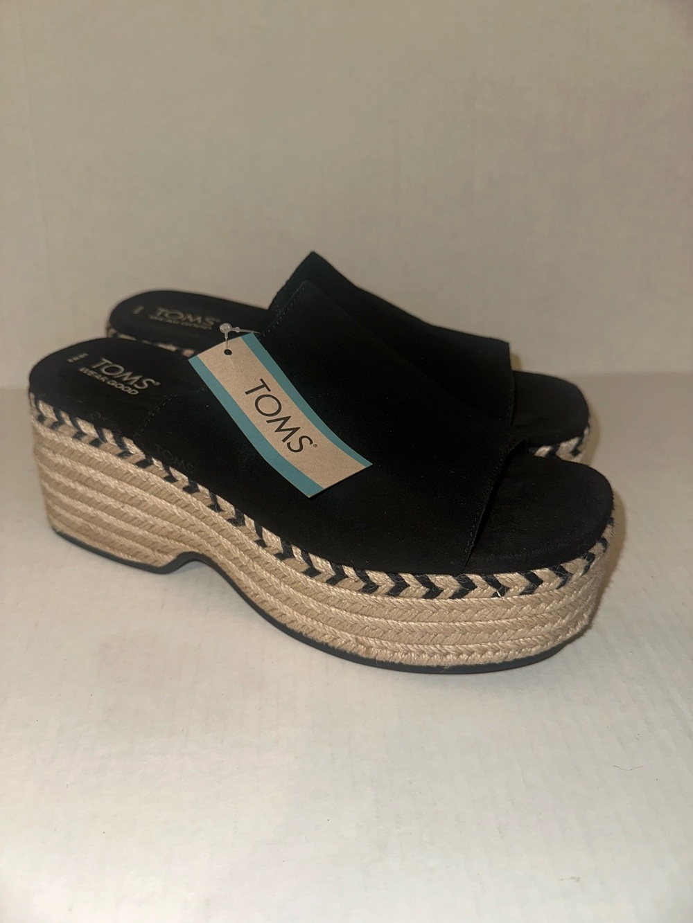Toms Women Laila Mules Espadrilles Platform Sandals  Black Suede Size 9 Slide